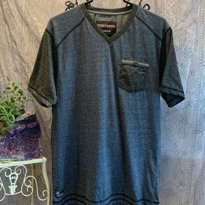 Distortion V-Neck T-Shirt Short Sleeve Tee Buttoned Breast Pocket Industrial